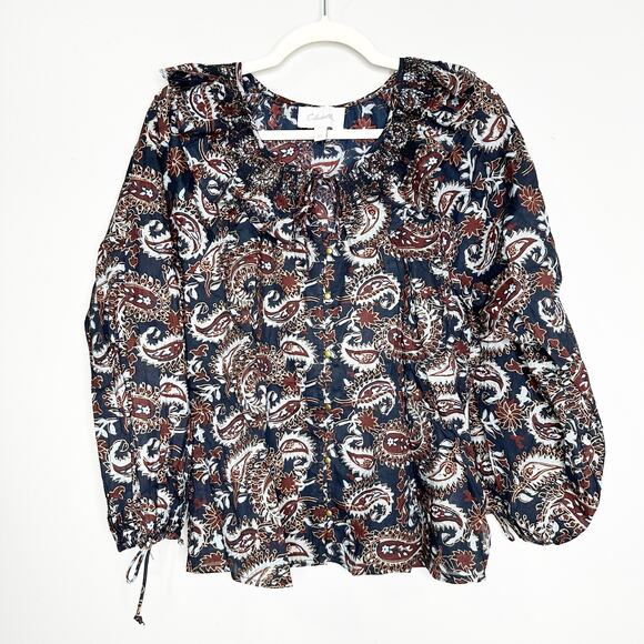 Cleobella Womens Top Jillian Blouse Button Up Ruffle Avalon Block Brown Size XS - Picture 3 of 11